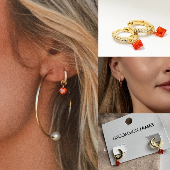 New Uncommon James Paradise Huggie Earrings gold pave orange stone - Picture 1 of 13